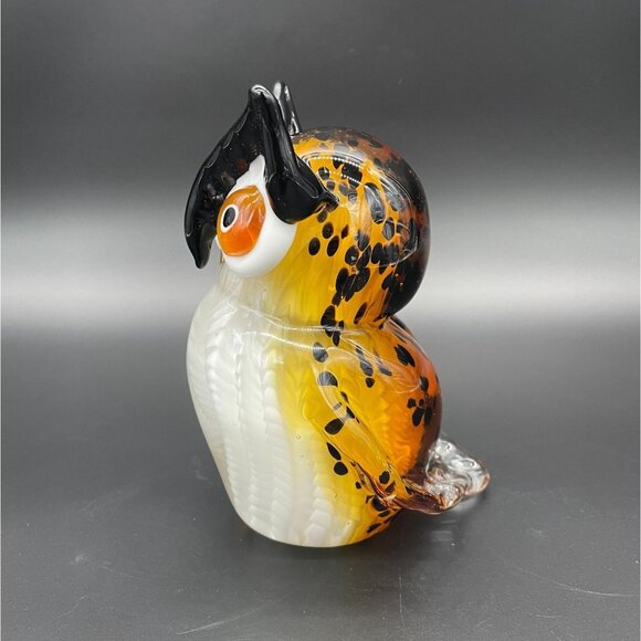Art Glass Owl Paperweight Handmade Bird Black Orange Big Eyes Kitschy Woodland - Picture 2 of 9
